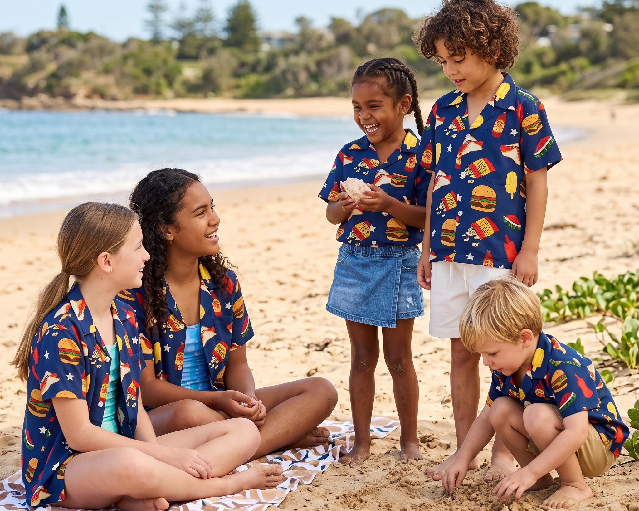 Kids wearing matching Australian summer BBQ printed Hawaiian shirt