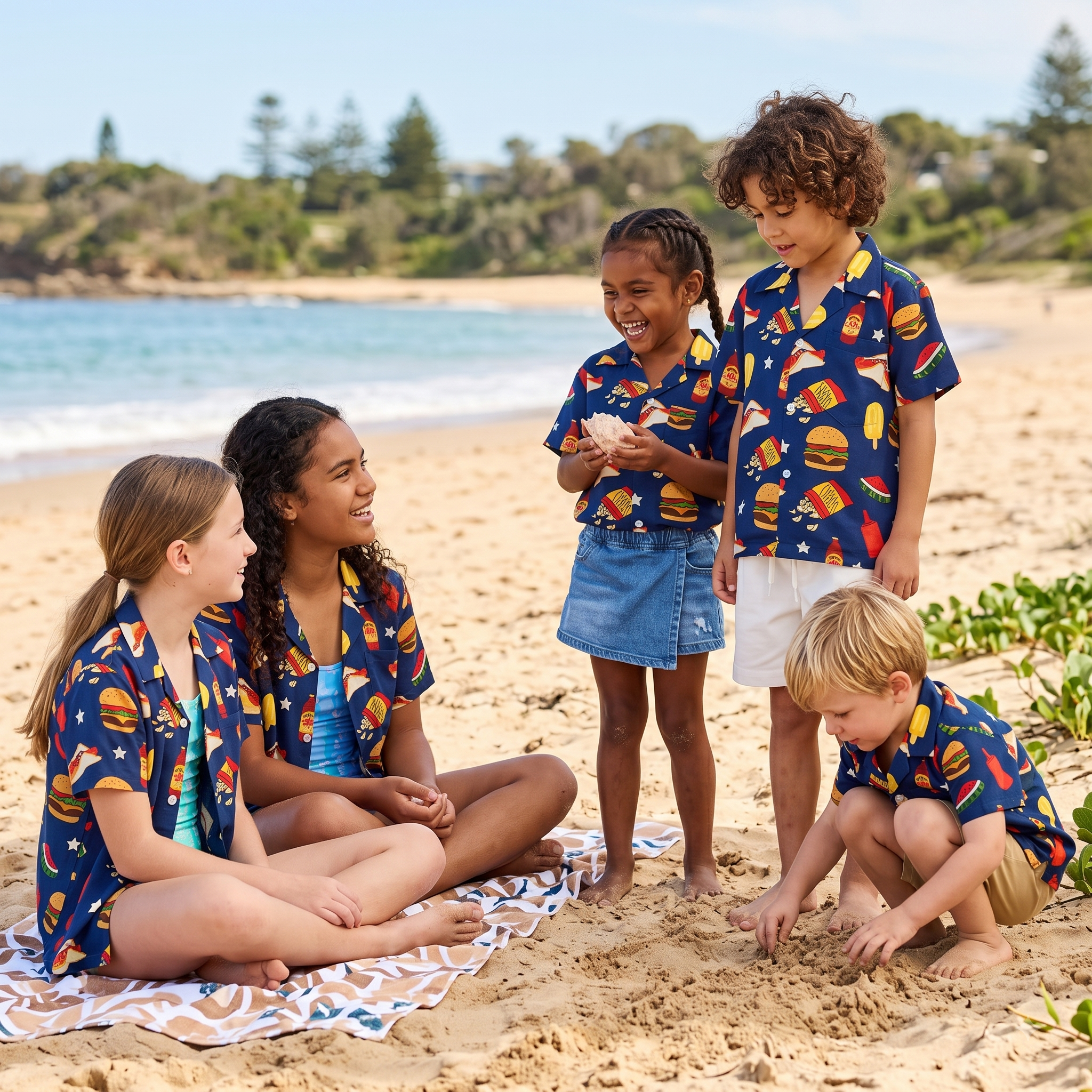 Kids wearing matching Australian summer BBQ printed Hawaiian shirt