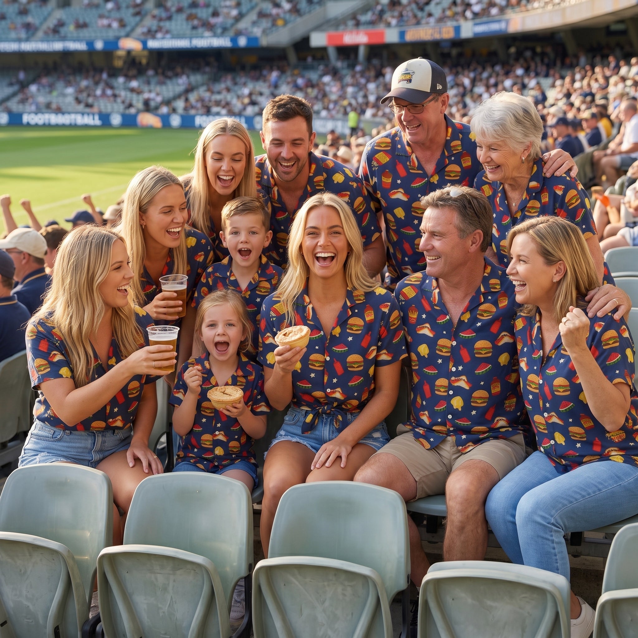 A group of people wearing matching patterned shirts sit together at a sports stadium, smiling and holding food and drinks. The crowd and field are visible in the background.
