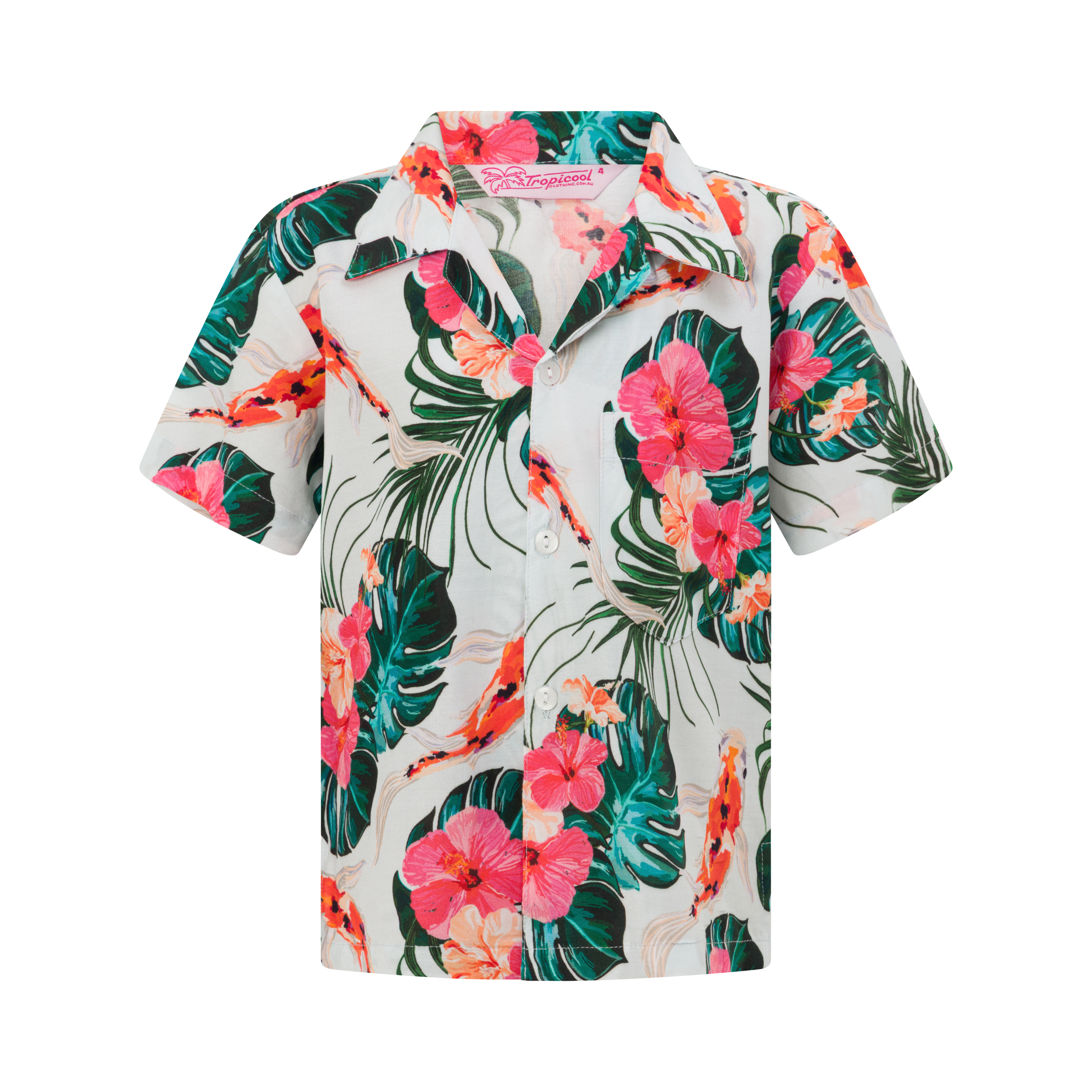 Kids Hawaiian rayon shirt with pink, green, and orange koi fish pattern on white; short sleeves, button-up. | Tropicool Clothing
