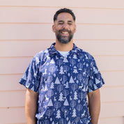 Navy blue adult Christmas shirt with reindeer pattern, festive tropical holiday apparel style. | Tropicool Clothing