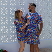 Celebrations Blue Christmas kaftans with festive holiday patterns, tropical-inspired, loose fit style. | Tropicool Clothing