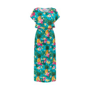 Turquoise maxi dress with tropical floral and pineapple print, short sleeves, cinched waist, Hawaiian style. | Tropicool Clothing