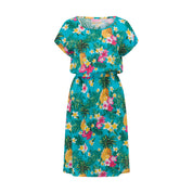 Teal short-sleeve dress with tropical floral and pineapple print, elastic waistband, Hawaiian style. | Tropicool Clothing