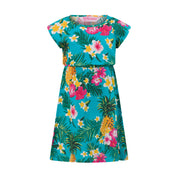Turquoise dress with tropical floral and pineapple print, short sleeves, fitted waist; island-inspired style. | Tropicool Clothing