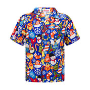 Kids blue Christmas shirt with festive tree and snowflake pattern, tropical holiday style top. | Tropicool Clothing