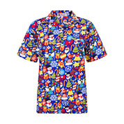 Blue Christmas shirt with festive snowflake, gift, and snowman patterns; adult unisex style. | Tropicool Clothing
