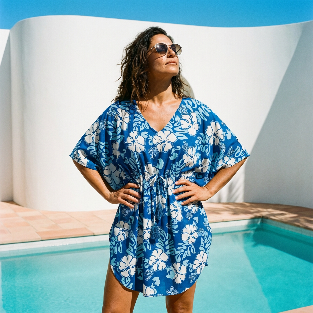 Blue Hibiscus Hawaiian Rayon Kaftan