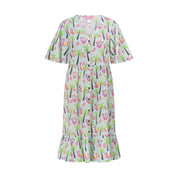 Blue knee-length Amelia dress, short sleeves, with tropical palm tree and Santa Christmas print. | Tropicool Clothing