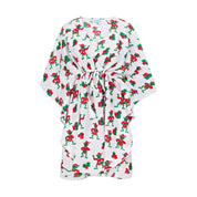 Red and green festive kaftan with drawstring waist, features elves holding presents, holiday pattern. | Tropicool Clothing