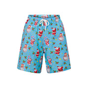 Icy blue festive Christmas shorts with drawstring waist, Santa Claus and holly leaf patterns. | Tropicool Clothing