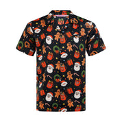 Black short-sleeve shirt with Christmas prints: Santa Claus, candy canes, gifts; festive holiday apparel. | Tropicool Clothing