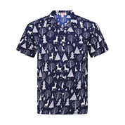 Kids navy Christmas shirt with white reindeer, pine trees, and forest pattern; festive holiday style. | Tropicool Clothing