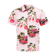 A pink adult shirt with a tropical cruiser design, featuring floral patterns and a car illustration.