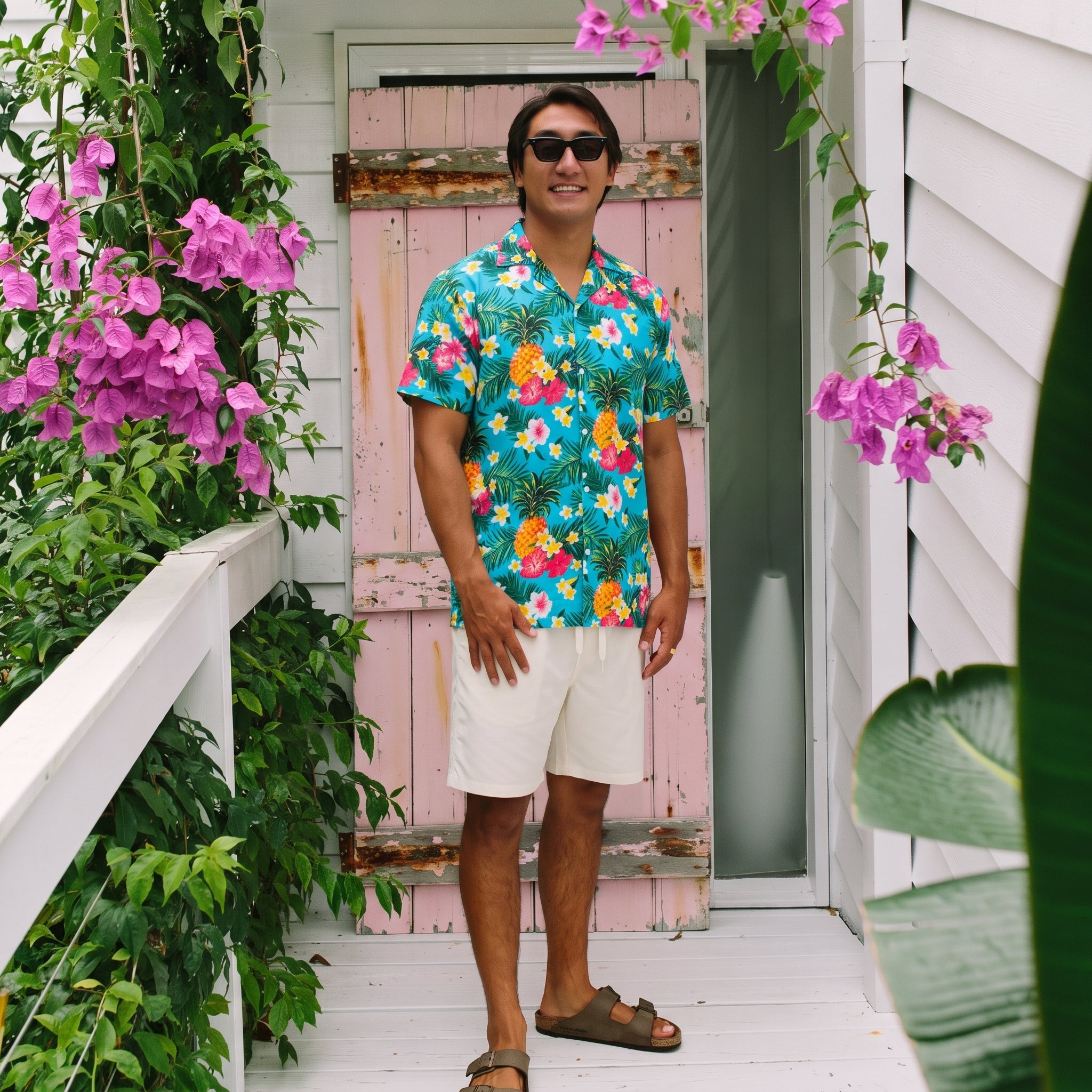A man wearing a vibrant tropical pineapple print short-sleeve button-down shirt, off-white shorts, and brown sandals stands on a white porch with a pink door and pink bougainvillea flowers in the background.