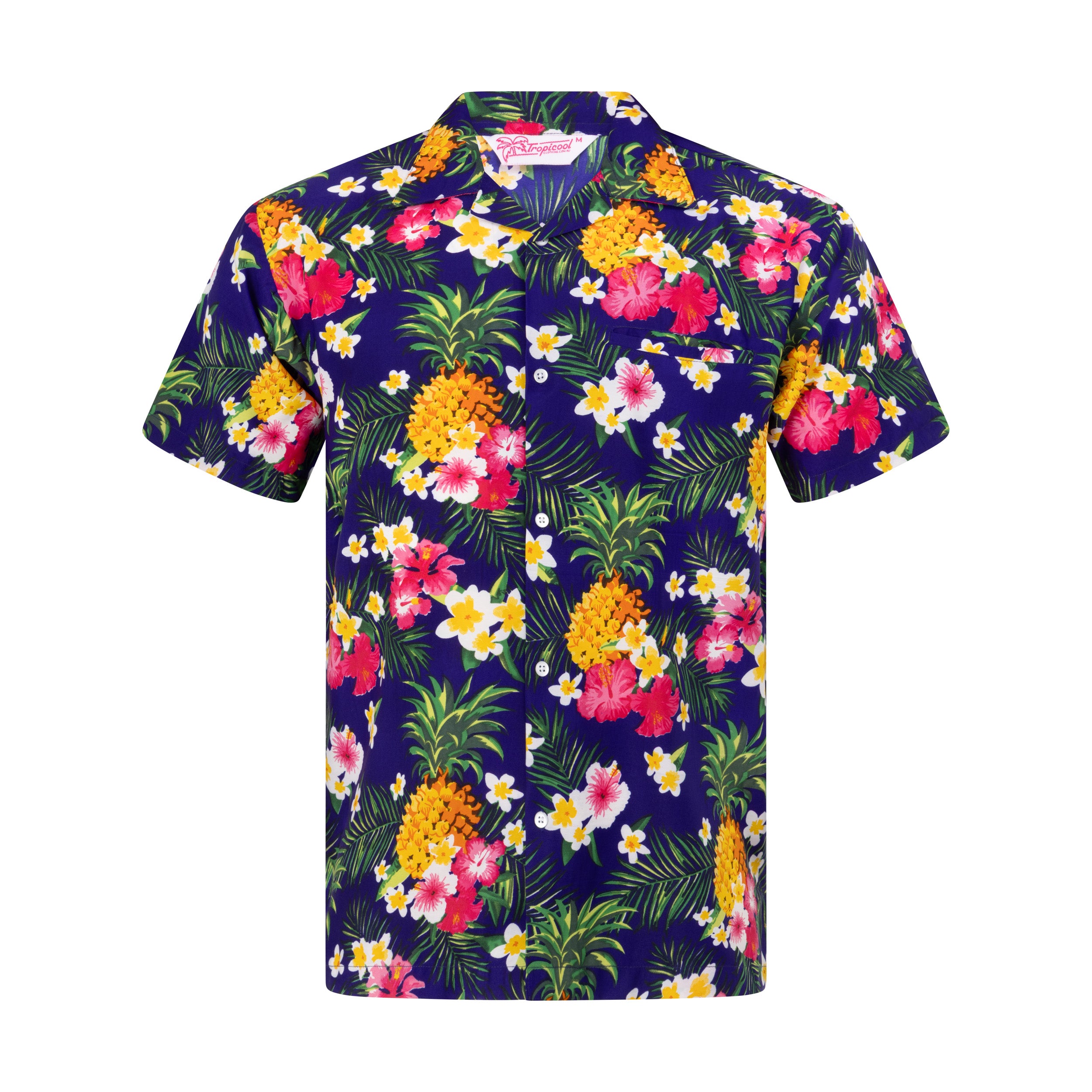 Aloha Navy Adult Shirt featuring a vibrant pineapple and hibiscus tropical print on a navy blue background, short-sleeve, relaxed fit.