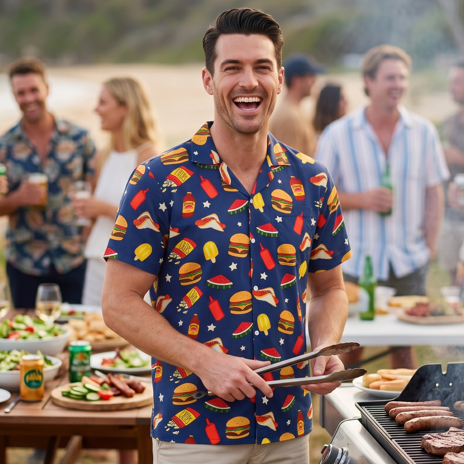 A man grilling outdoors at a backyard party, wearing a navy blue short-sleeve button-up shirt with a colorful all-over print of burgers, fries, and drinks, paired with khaki shorts. He is standing next to a stainless steel grill with steak patties cooking, with friends and a picnic table visible in the warm, blurred background.