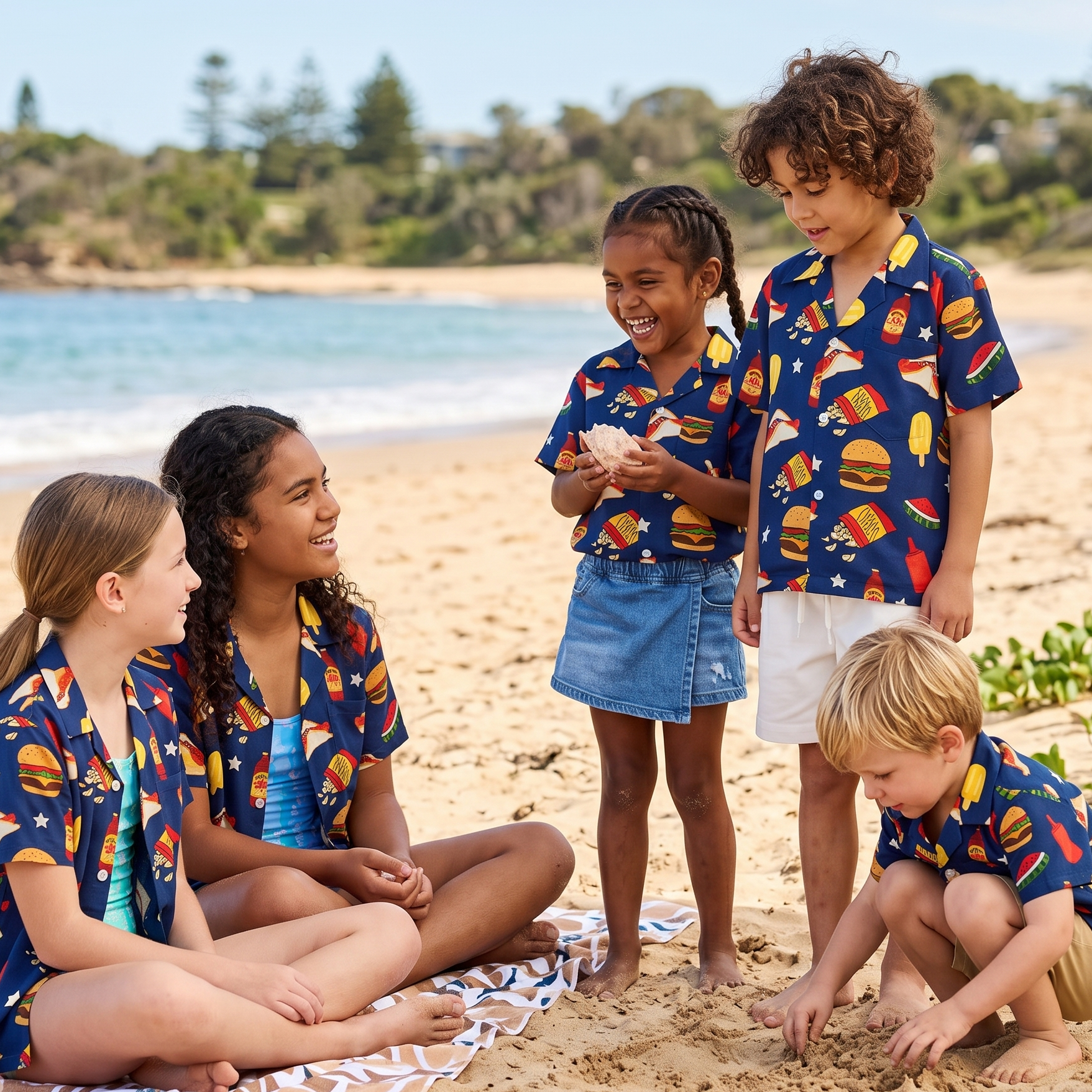 Five children wearing matching navy blue short-sleeve button-up shirts with a colorful burger and pizza print are playing on a sandy beach. The shirts feature a pattern of yellow cheese, red pepperoni, and green lettuce on a dark blue background.