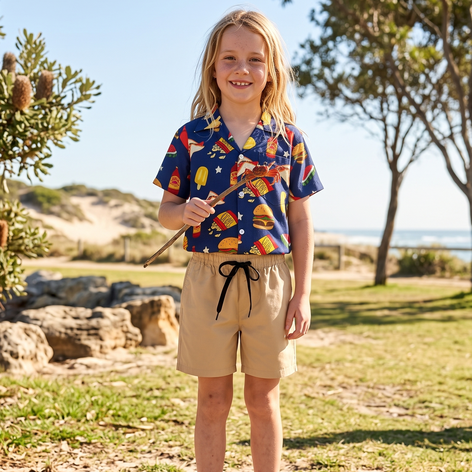 A young boy stands outdoors on a sandy path in a park-like setting, wearing a short-sleeve button-up shirt with a colorful tropical print and beige shorts with a black drawstring.