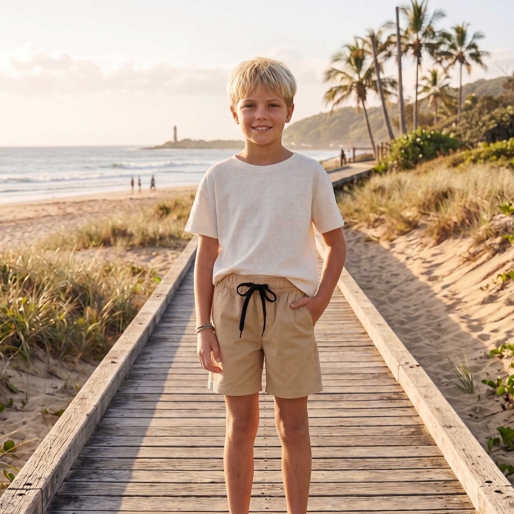 A young boy stands on a wooden boardwalk leading to a beach, wearing a cream short-sleeve t-shirt and khaki drawstring shorts.