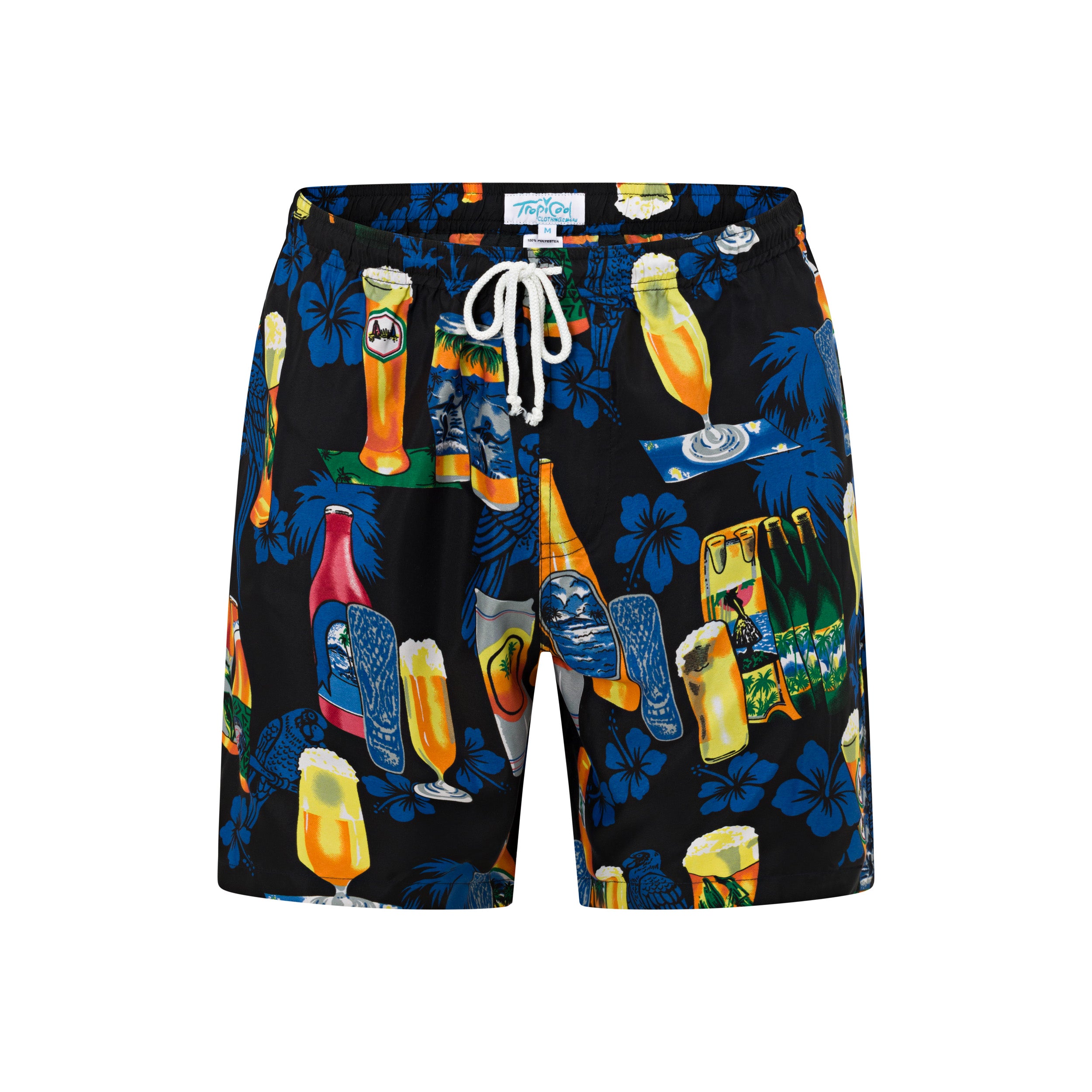 Black tropical shorts with drawstring waist, blue hibiscus flowers, and festive drink pattern. | Tropicool Clothing