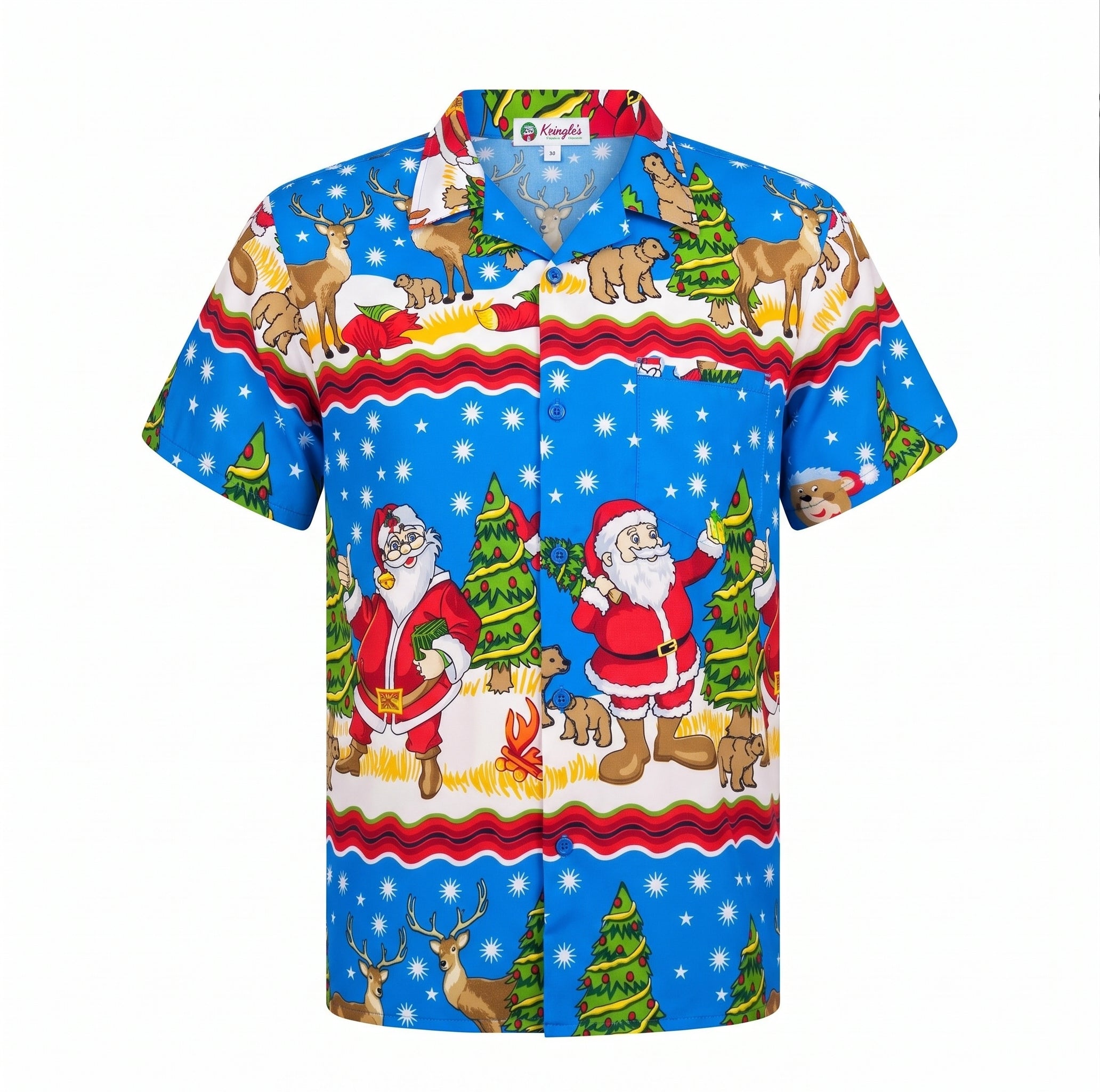 A short-sleeve button-up Hawaiian shirt featuring a vibrant blue Christmas print with Santa Claus, reindeer, pine trees, and snowflakes, displayed on a clean white background.