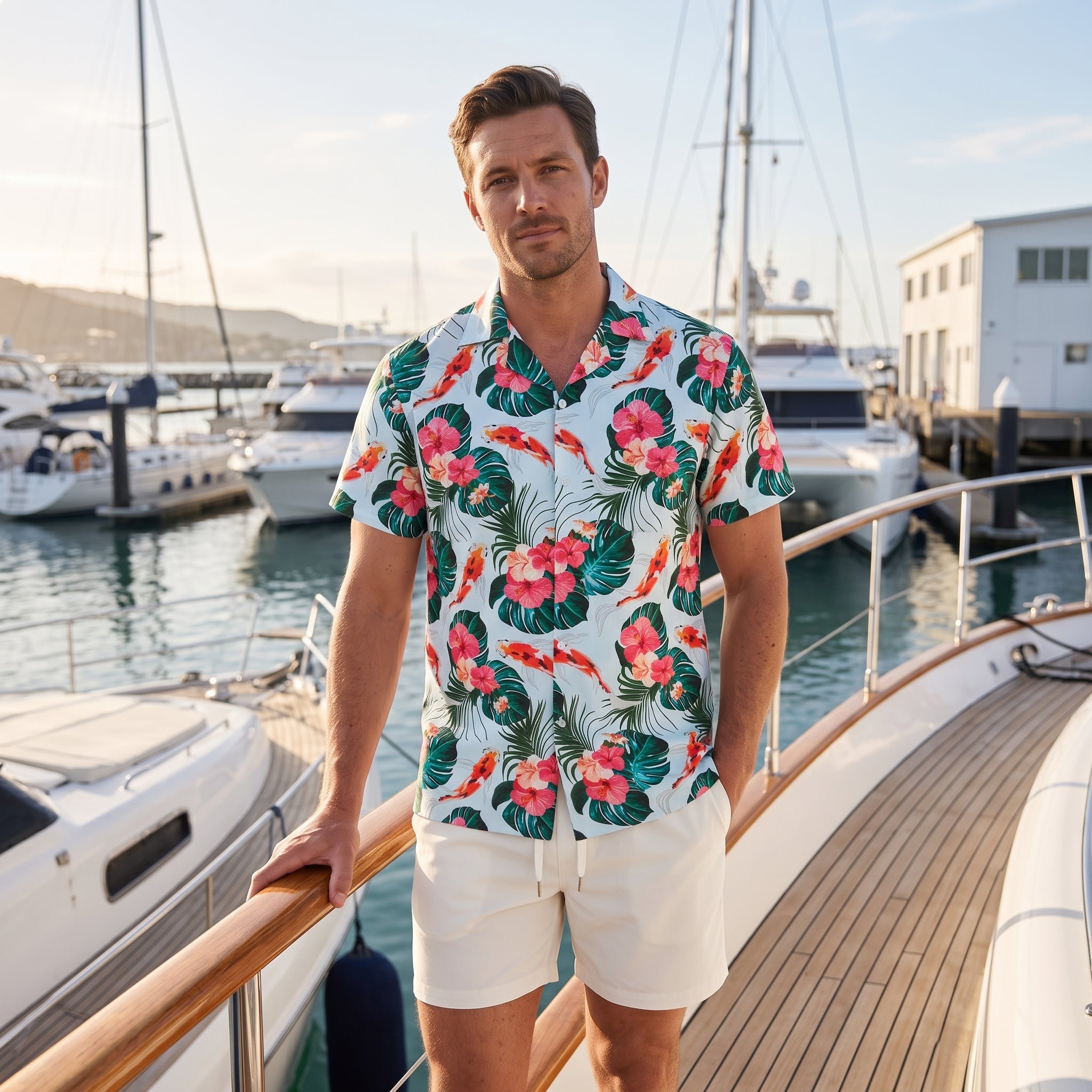 A man stands on a yacht deck in a marina, wearing a white short-sleeve button-up shirt with a colorful tropical floral and koi fish print, paired with white shorts.