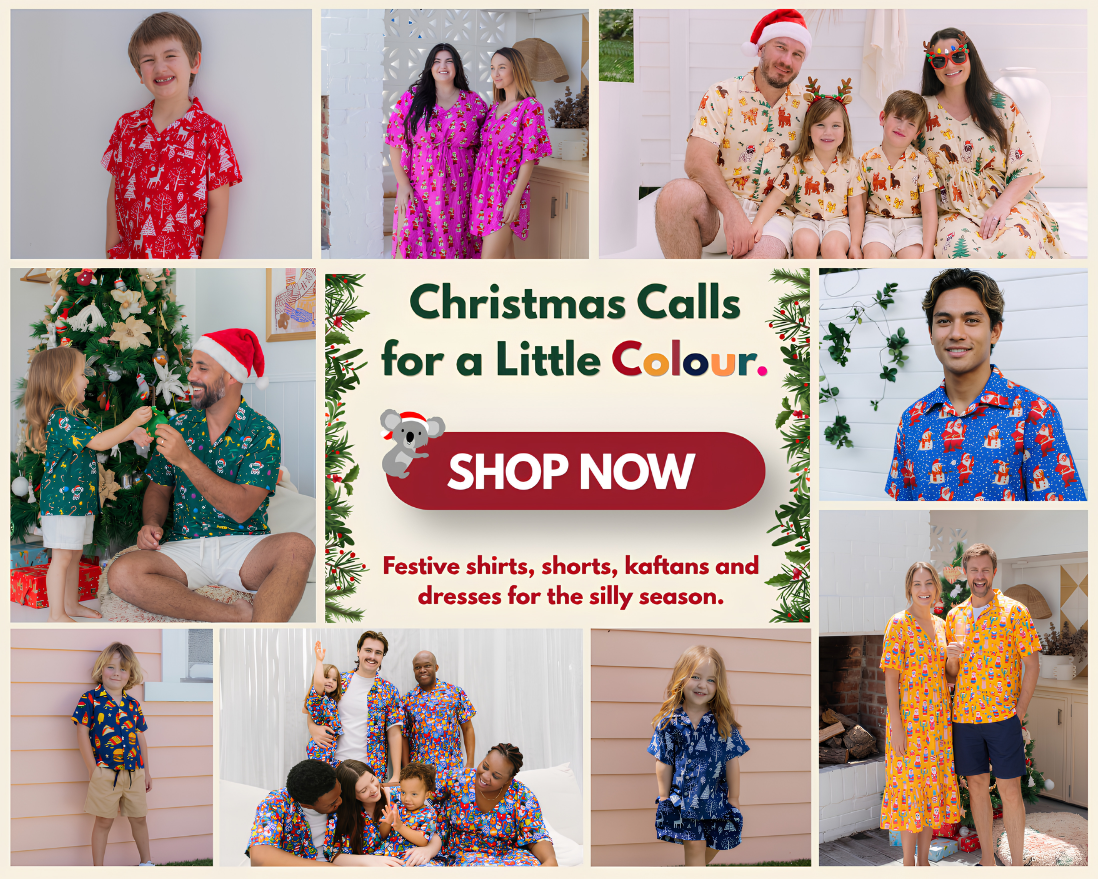 A promotional collage for Christmas-themed apparel and loungewear, featuring multiple family and individual photos wearing colorful patterned shirts, shorts, kaftans, and dresses. The center contains the text 'Christmas Calls for a Little Colour.