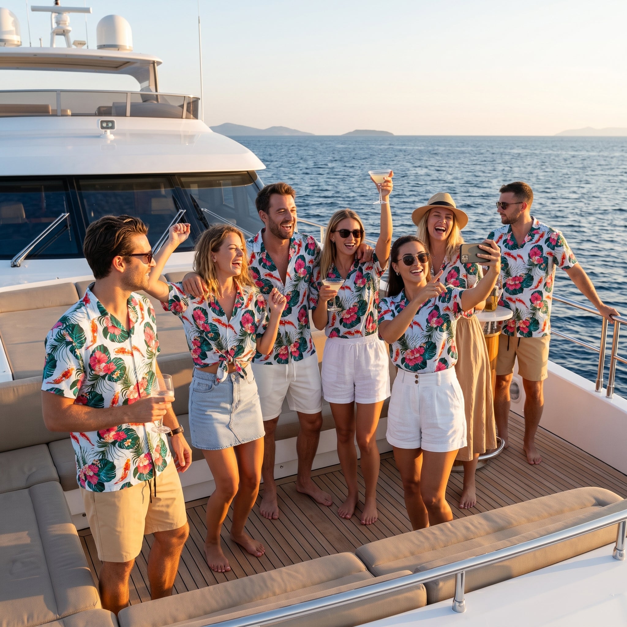 Six people wearing matching tropical floral print short-sleeve shirts and light shorts are posing together on the deck of a luxury yacht in the open sea during golden hour.