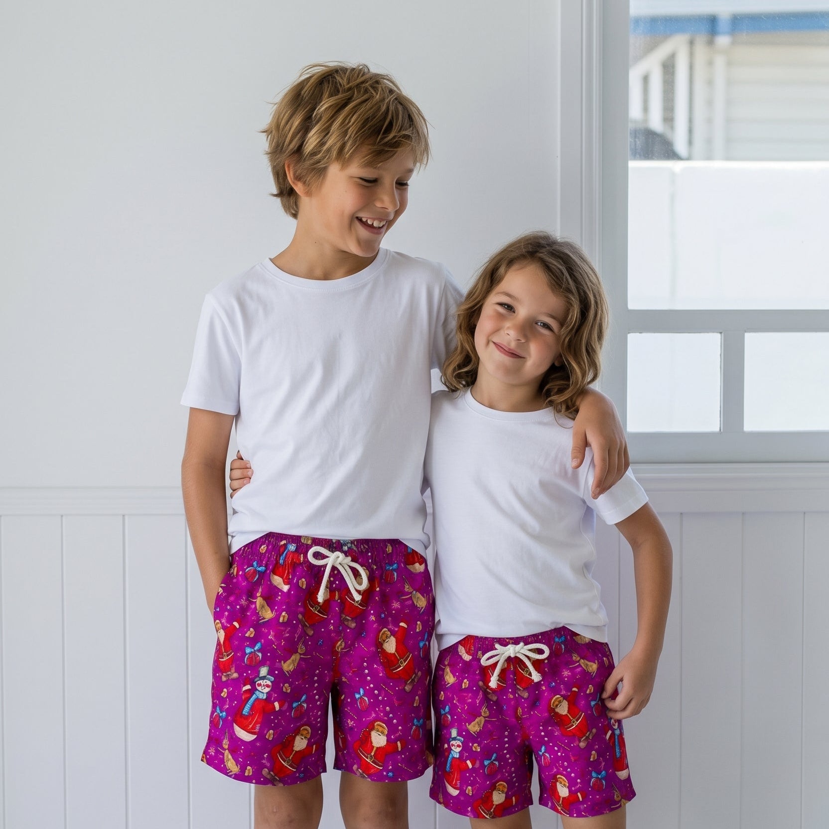 Santa Snowman Purple Kids Shorts