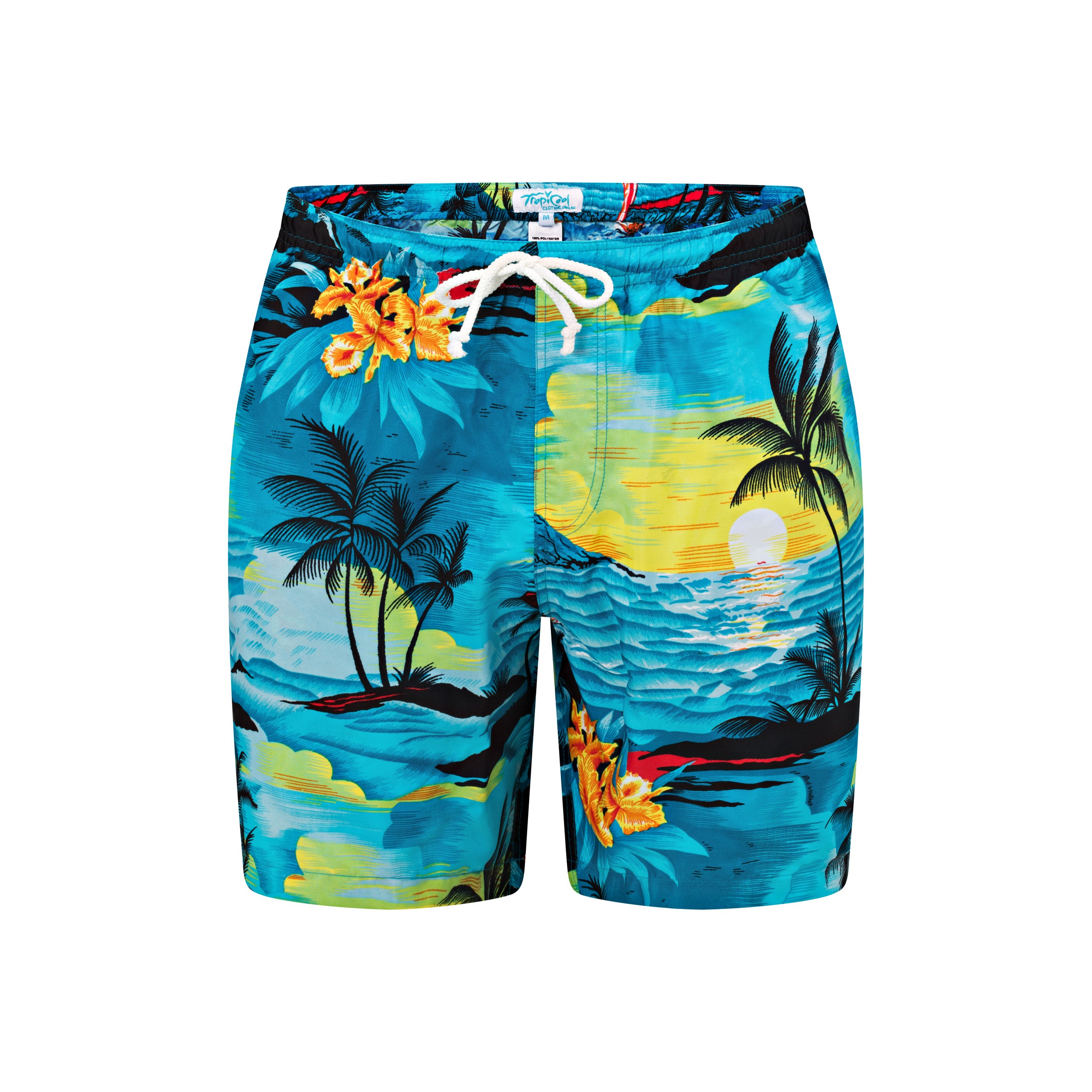 Tropical blue shorts with palm tree and flower print, festive beachwear, white drawstring waistband. | Tropicool Clothing