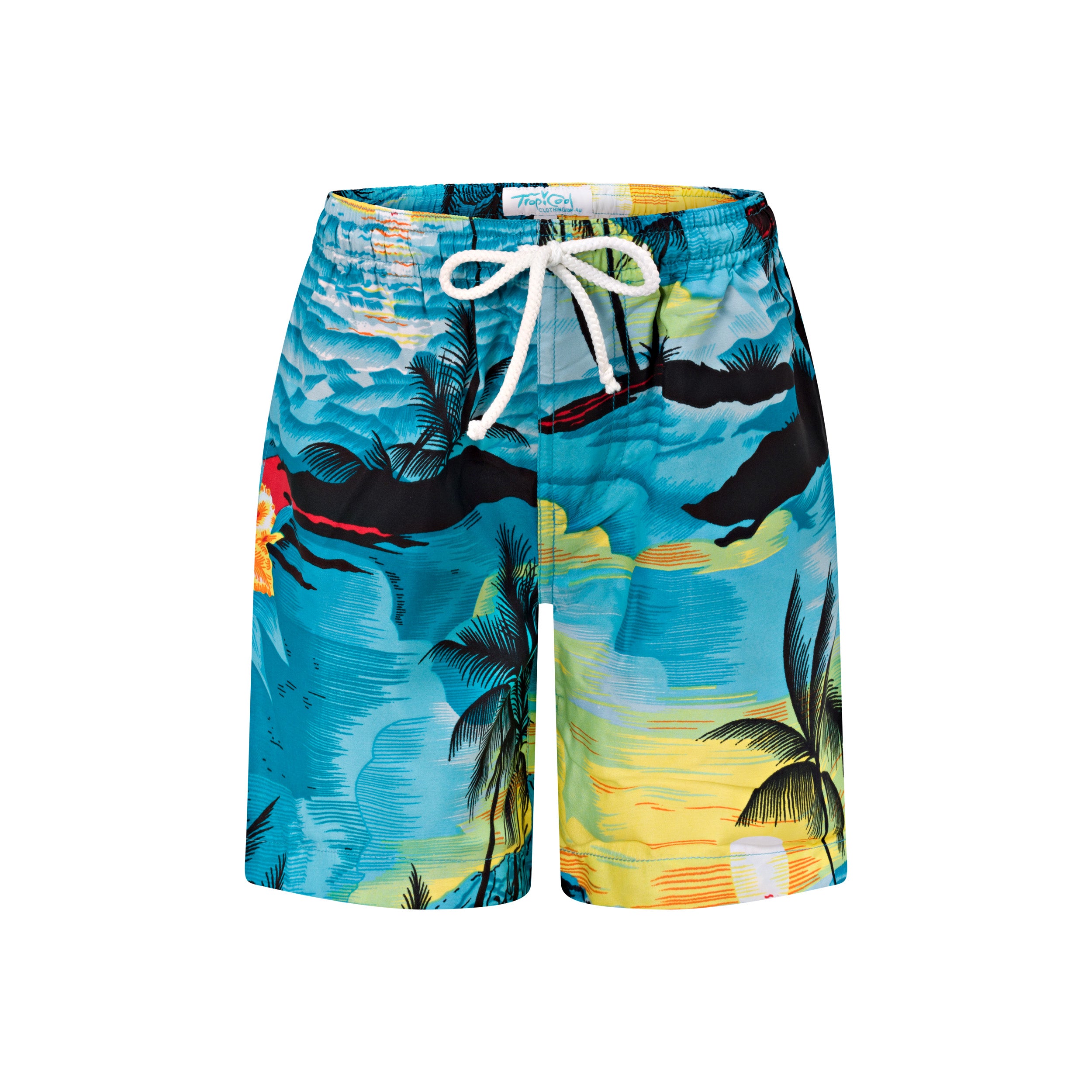 Kids sunset blue shorts with tropical beach and palm tree print, white drawstring, festive style. | Tropicool Clothing