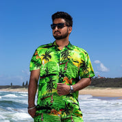 Sunset green tropical adult shirt with classic fit, perfect for festive beach and island wear. | Tropicool Clothing