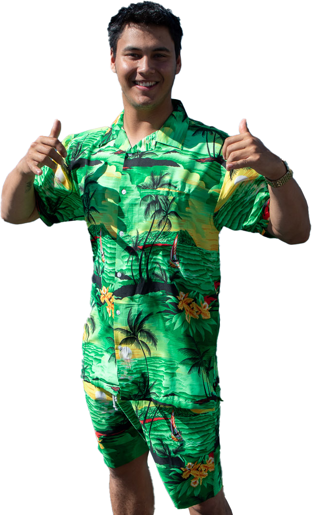 Sunset green adult shorts with tropical island prints, featuring palm trees and yellow hibiscus flowers. | Tropicool Clothing