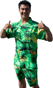 Sunset green adult shorts with tropical island prints, featuring palm trees and yellow hibiscus flowers. | Tropicool Clothing