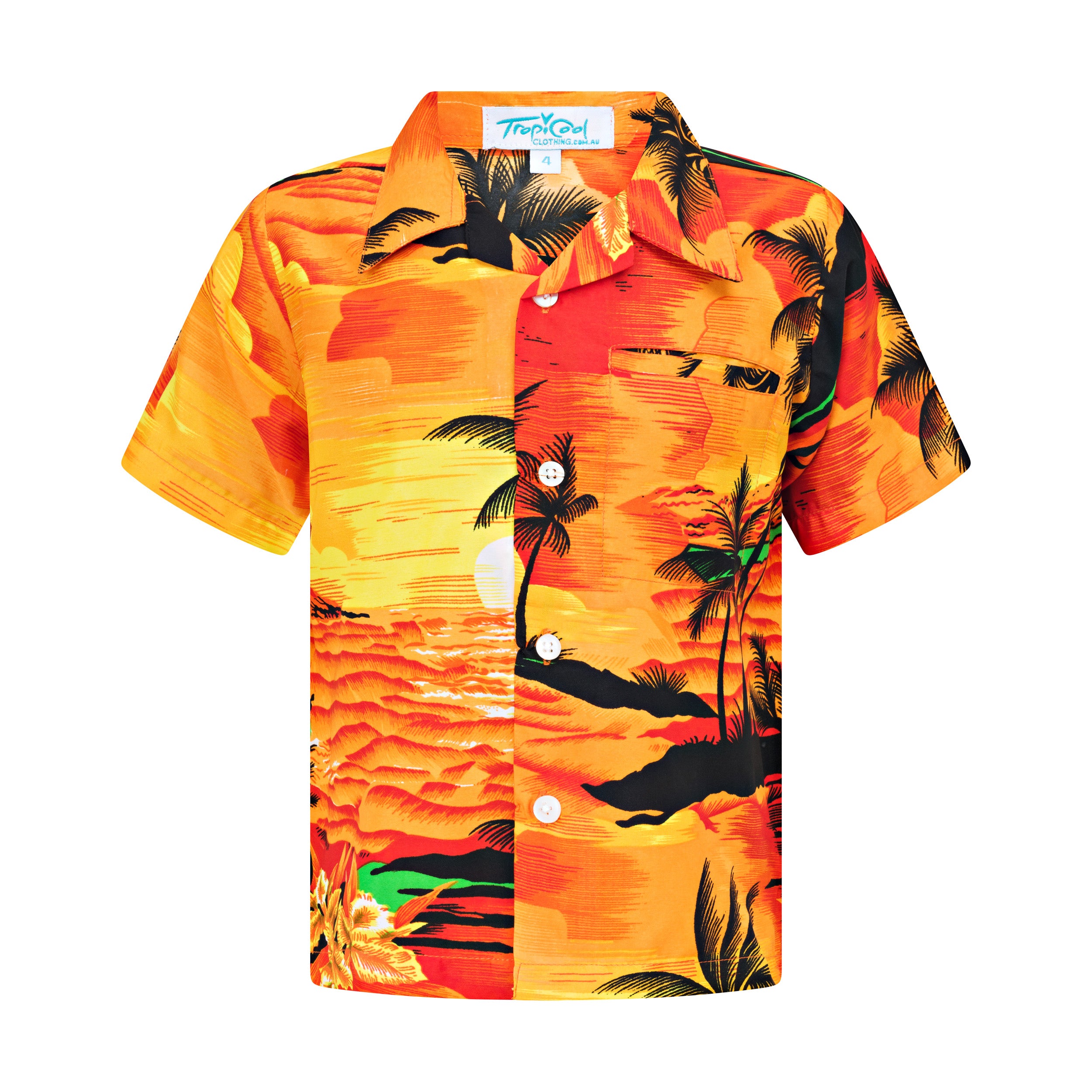 Kids Hawaiian shirt in sunset orange with short sleeves, tropical palm tree and sunset print. | Tropicool Clothing