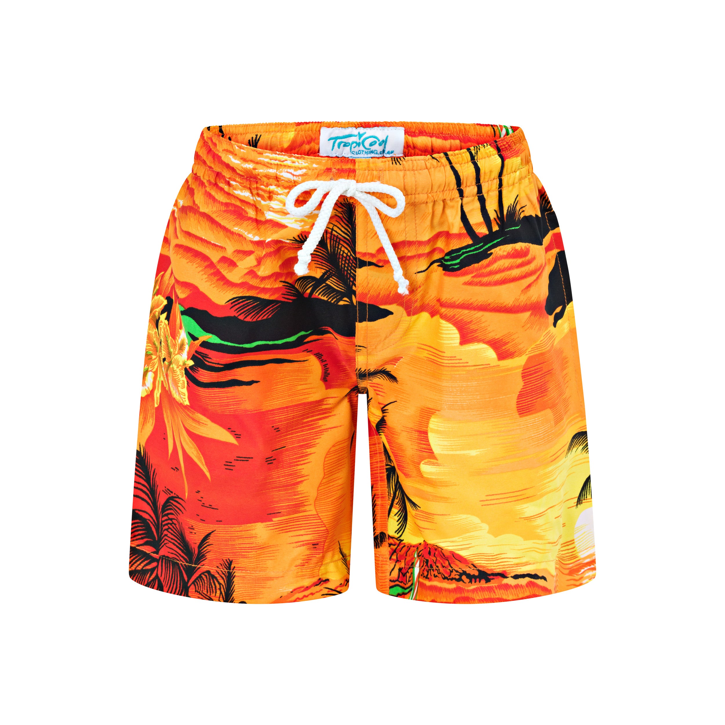 Sunset orange kids shorts with sunset and palm tree pattern, white drawstring, Tropicool label. | Tropicool Clothing