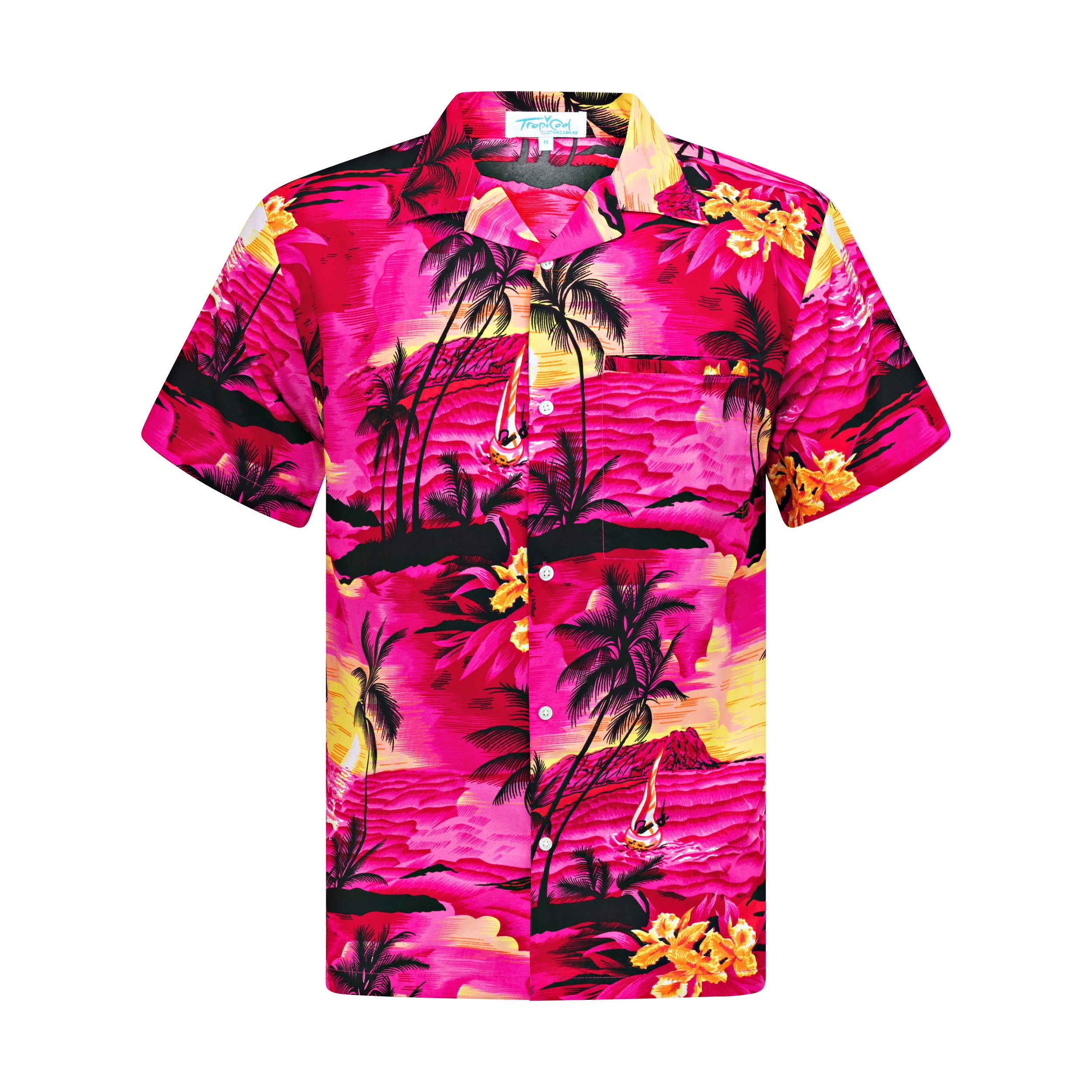Sunset pink adult Hawaiian shirt with tropical island and palm tree print in pink, yellow, and black. | Tropicool Clothing