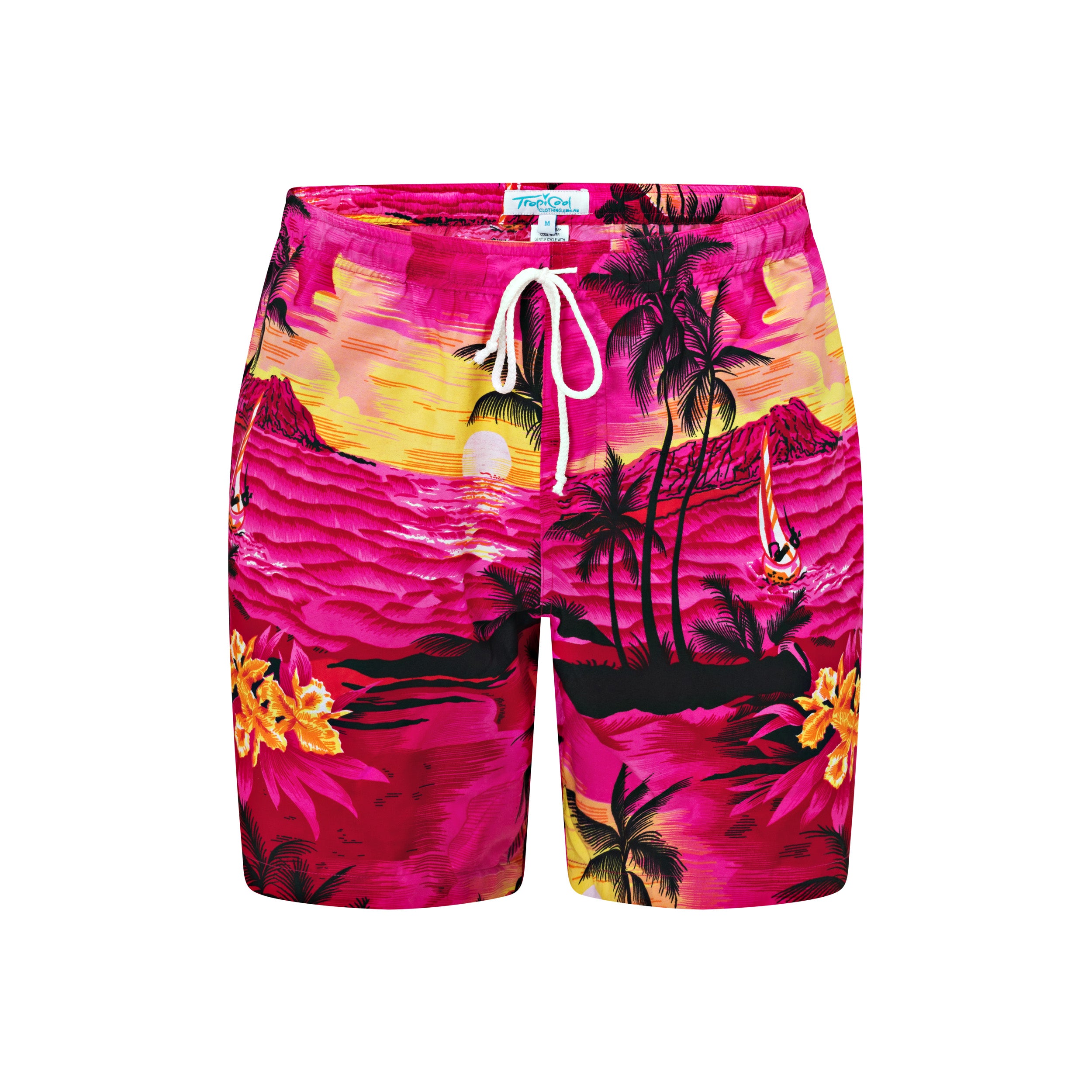 Bright pink shorts with tropical sunset, palm trees, yellow flowers, and white drawstring waist. | Tropicool Clothing