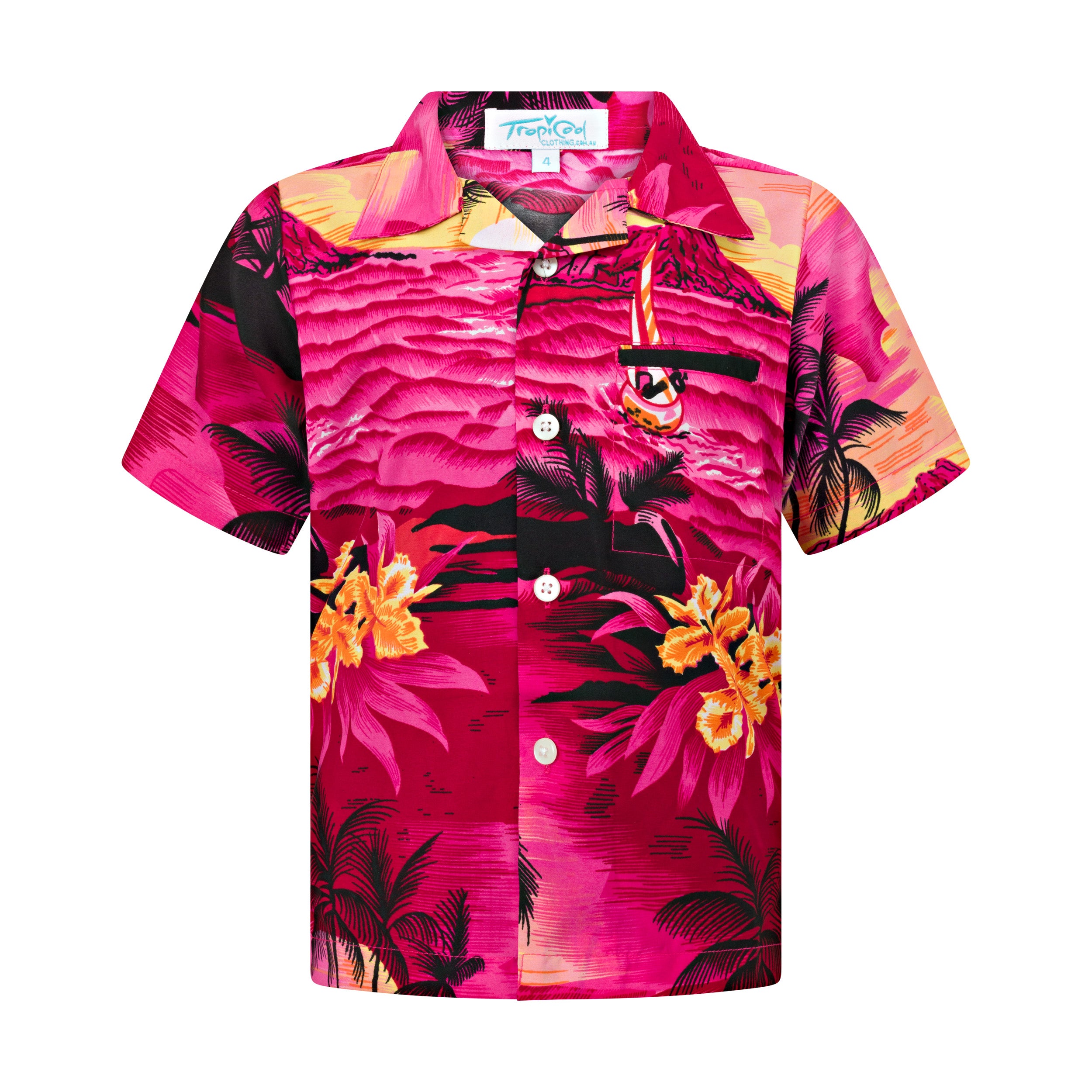 Kids Hawaiian shirt, white polyester with pink tropical flowers and palm tree pattern, short sleeves. | Tropicool Clothing