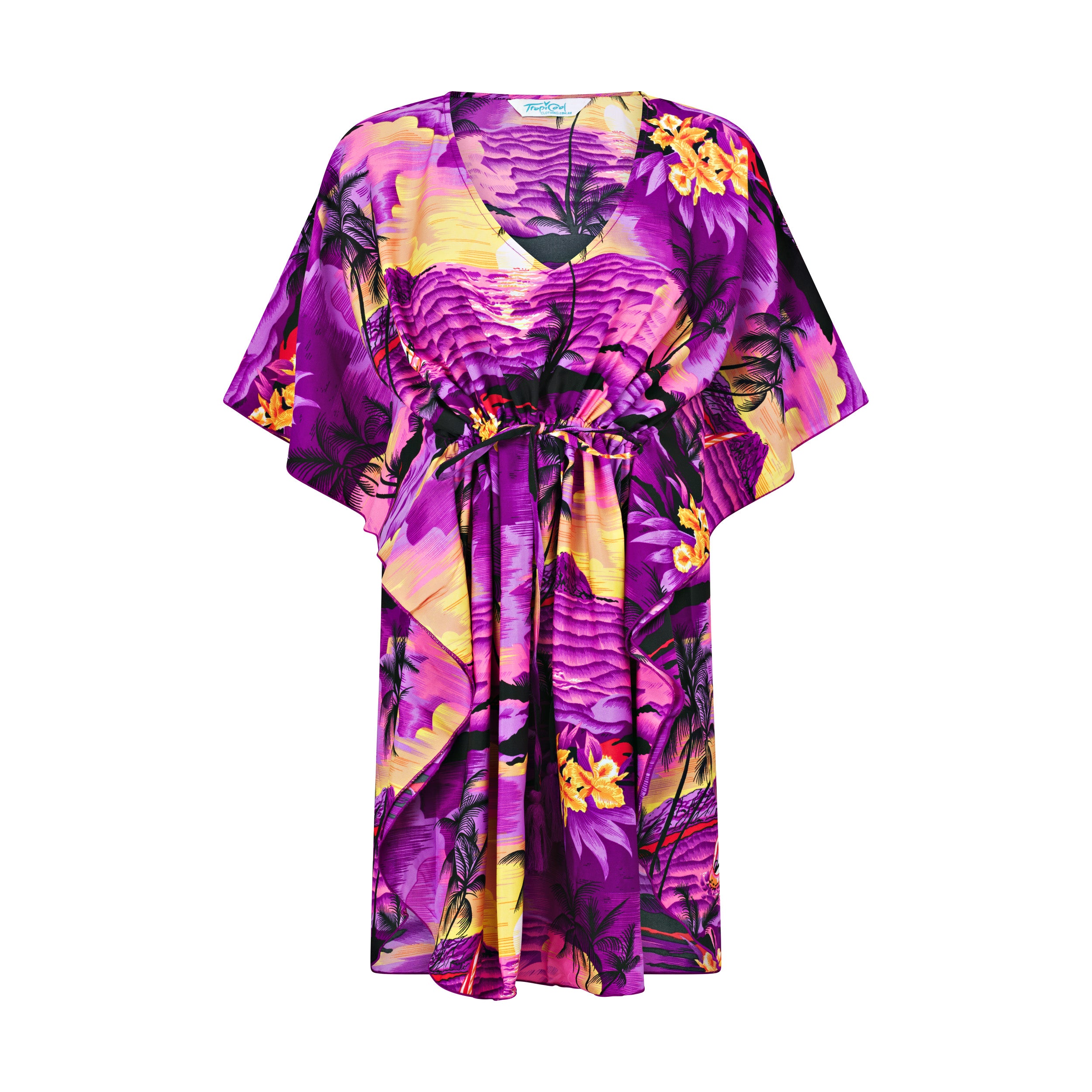 Purple kaftan with short sleeves, cinched waist, and bold tropical floral pattern—perfect for resort wear. | Tropicool Clothing