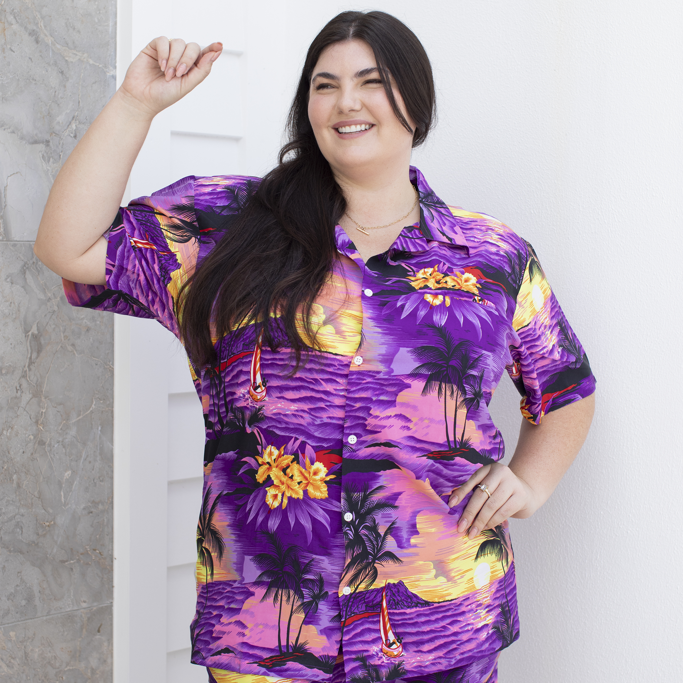 Sunset Purple Hawaiian shirt and shorts set with tropical floral pattern, festive island beachwear. | Tropicool Clothing
