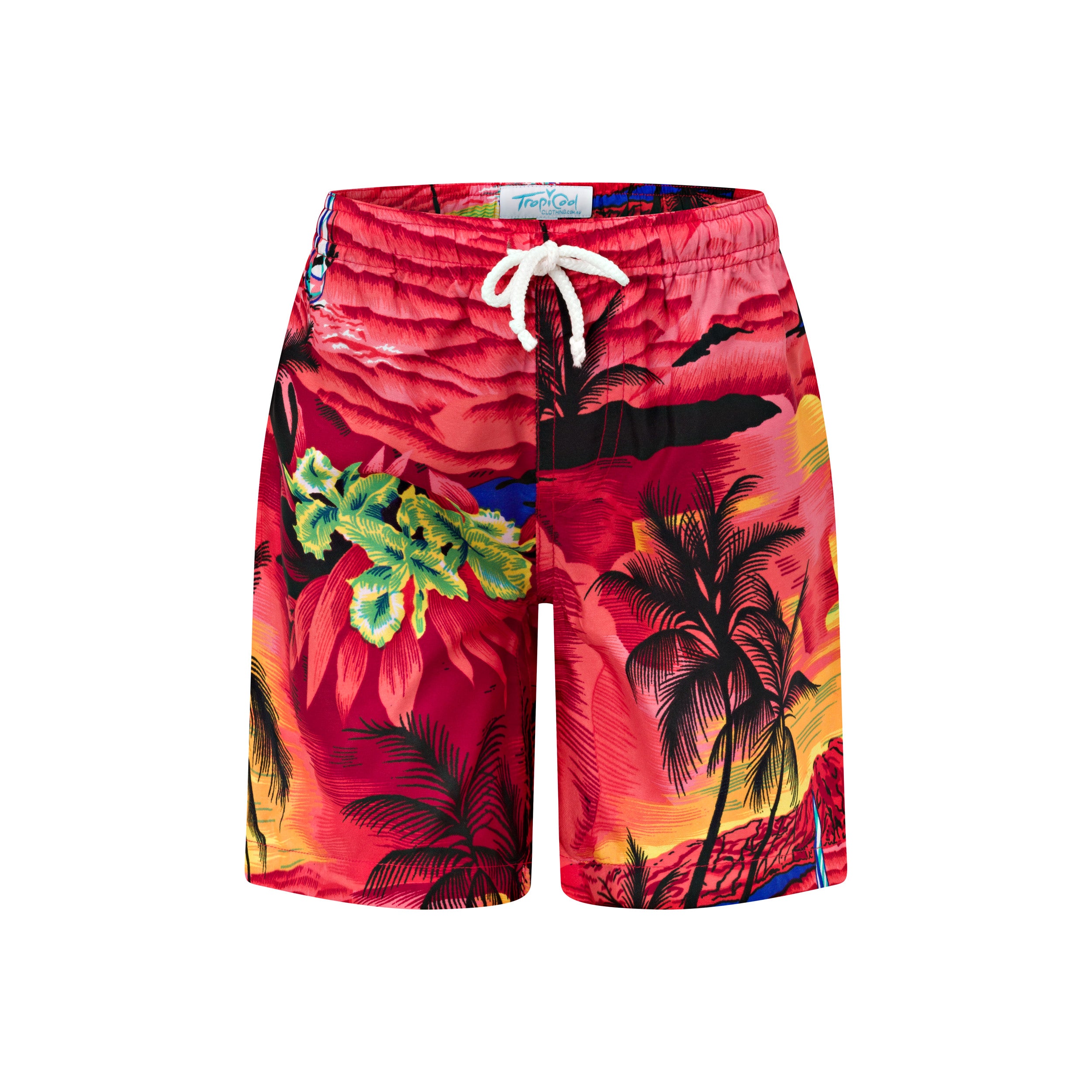 Sunset red kids’ shorts with tropical palm and yellow flower print, white drawstring, polyester fabric. | Tropicool Clothing