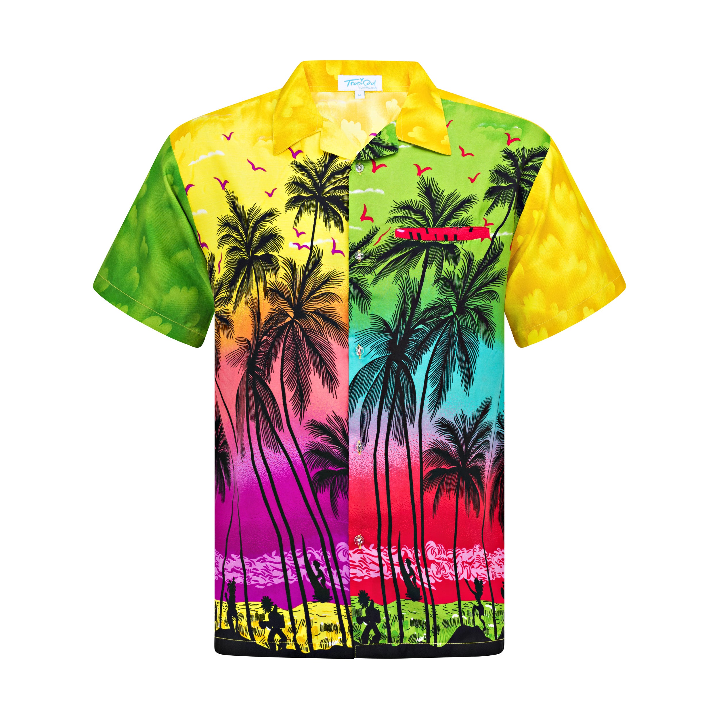 Vibrant tropical shirt with palm tree and sunset print in orange, yellow, blue; festive cruise style. | Tropicool Clothing
