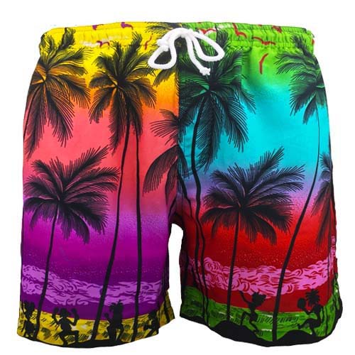 Tropical palm tree print shorts with sunset gradient colors and white drawstring, festive beachwear style. | Tropicool Clothing