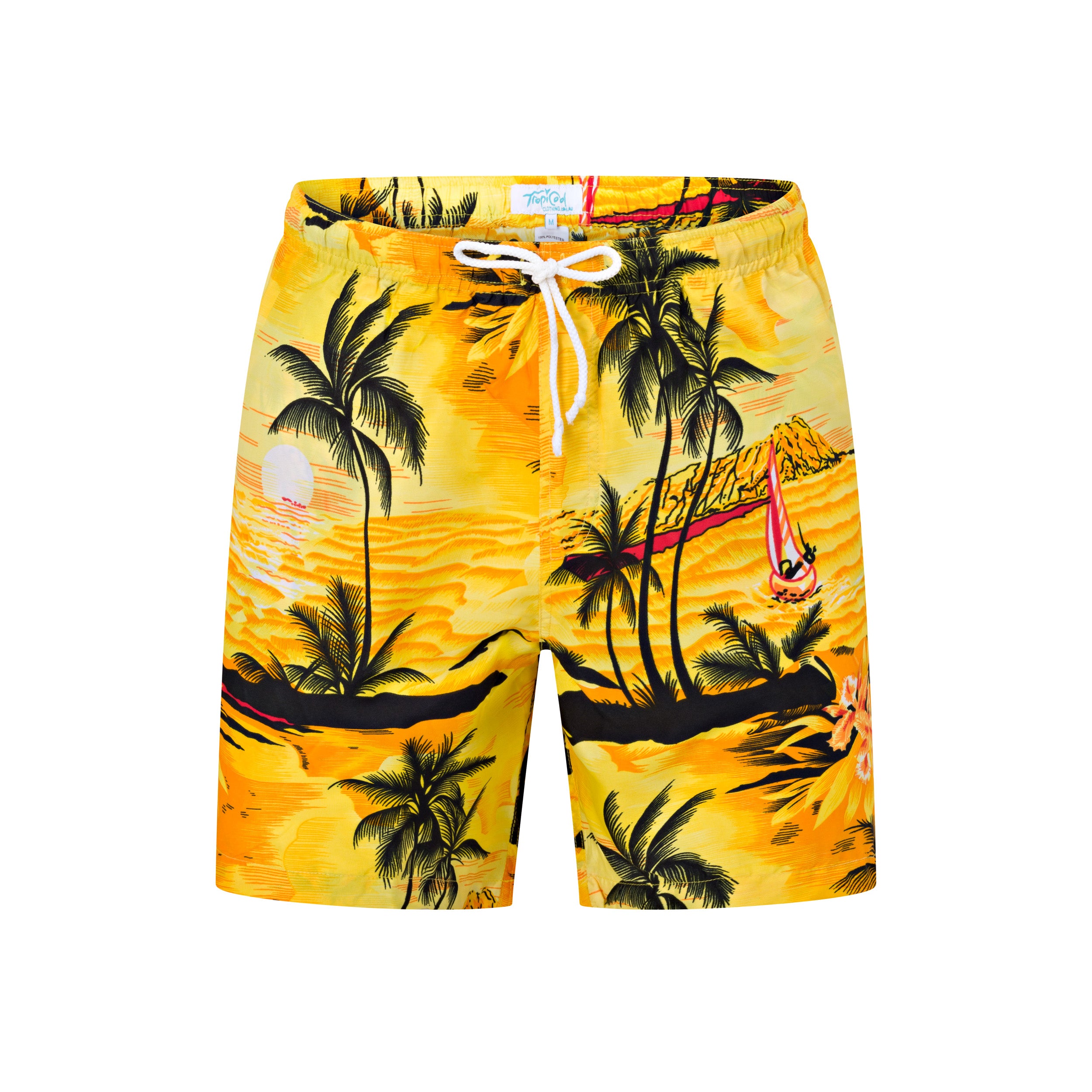 Sunset yellow adult shorts with tropical palm tree and sunset print, white drawstring, festive summer style. | Tropicool Clothing
