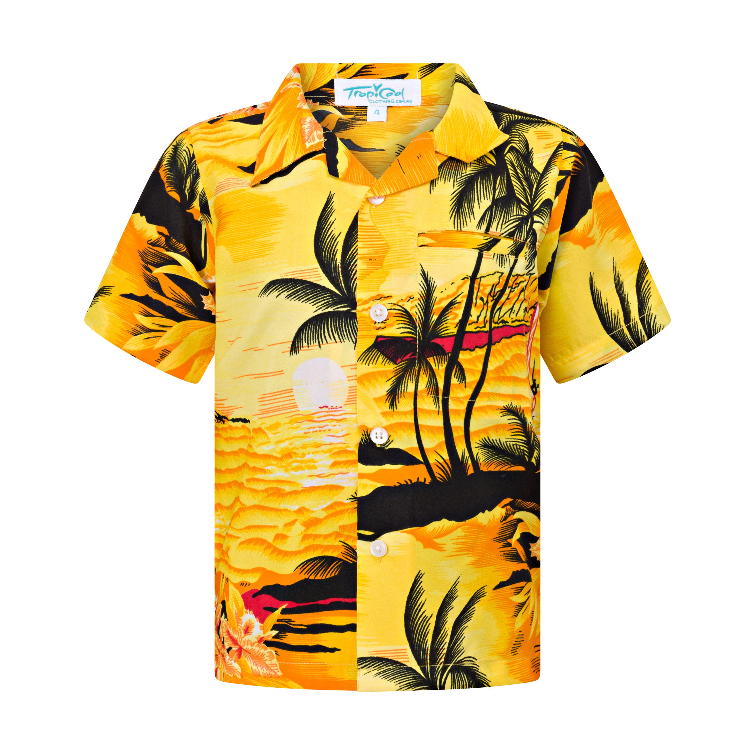 Kids sunset yellow Hawaiian shirt, tropical palm tree and sunset print, short sleeves, button-up style. | Tropicool Clothing