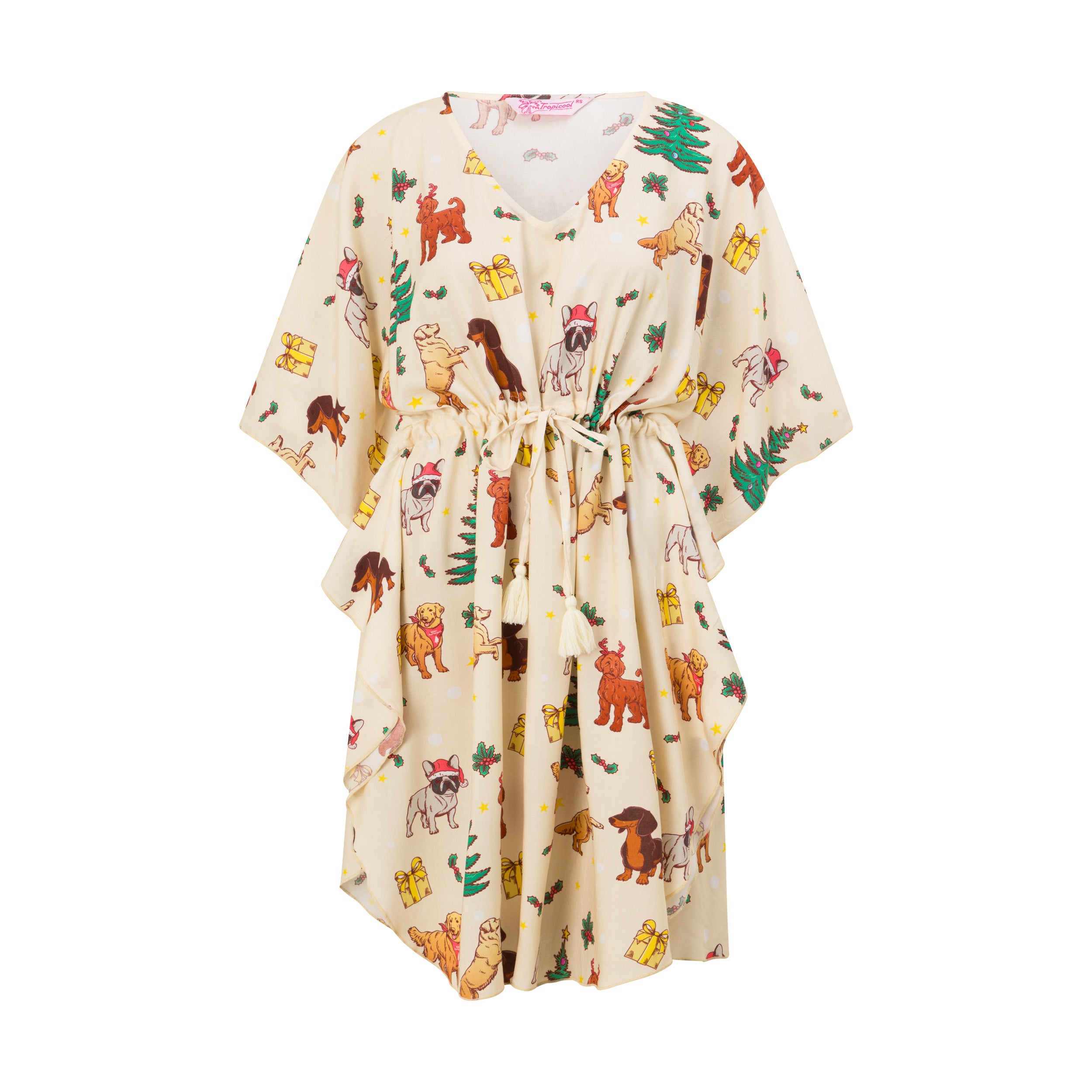Cream kaftan dress for kids with festive dog print and drawstring waist, perfect for tropical holidays. | Tropicool Clothing