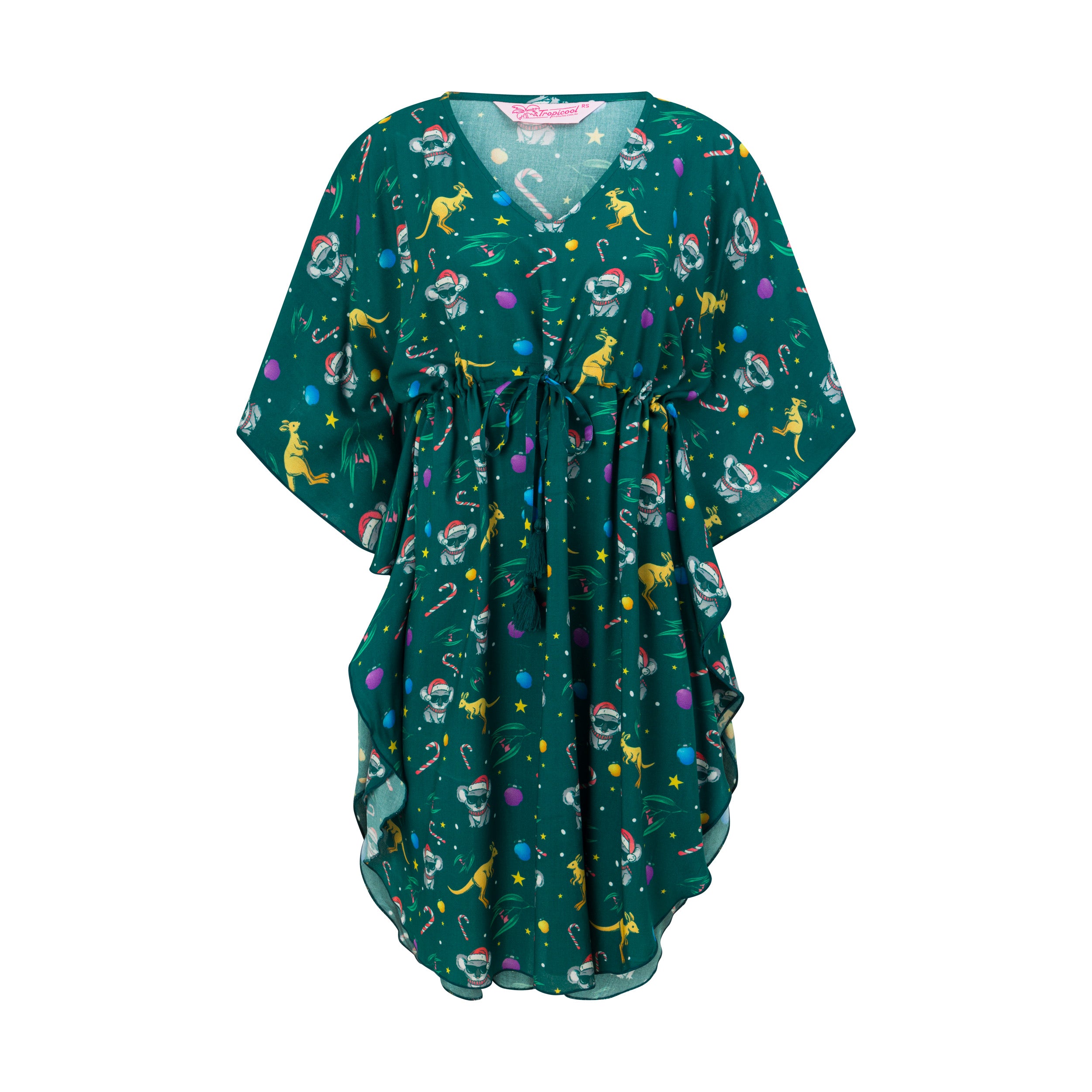 Green rayon kaftan with drawstring waist, festive astronaut, reindeer, and candy cane print. | Tropicool Clothing