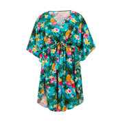 Turquoise rayon kaftan with tropical palm and yellow floral print, tie waist, and short sleeves. | Tropicool Clothing